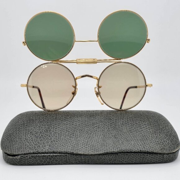 Anglo American Eyewear Mod. M85 Col. GO Flip-Up Gold Frame Green Lens Sunglasses - Picture 1 of 16